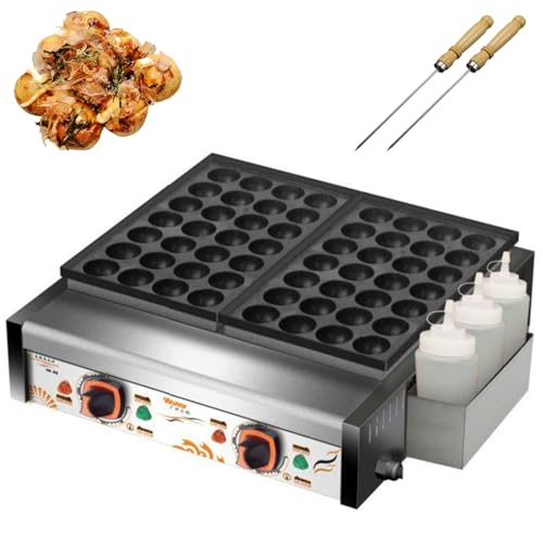 Professional Takoyaki Maker: 56-Hole Pan with Skewers & Sauce Bottles - 50-300°C Temperature Control & Removable Sauce Trough for Food Trucks
