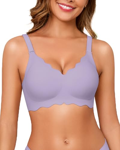 Image of Seamless Jelly Bras for Women No Underwire Push Up Bra Full Coverage V-Neck Wirefree Bralettes Soft T-Shirt Everyday Bra, Purple, 3X-Large