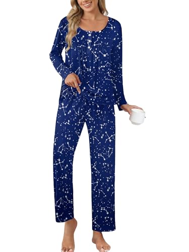 Ekouaer Womens Pajama Sets Long Sleeve Sleepwear 2 Piece Lounge Set Soft Pjs Top & Pants with Pockets,Blue Sky,Small