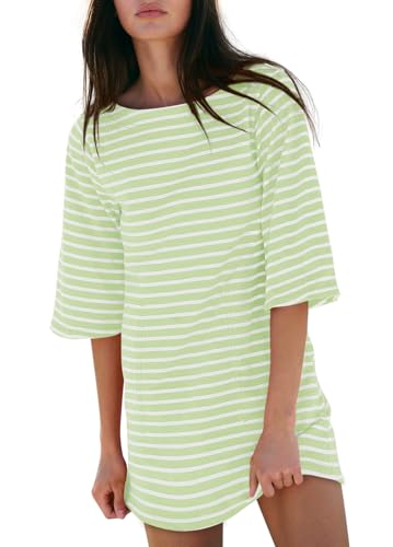 Image of Yousify Women's T Shirt Dress Cotton Summer Dresses 2026 Casual Loose Short Sleeve Striped Mini Dress with Pockets