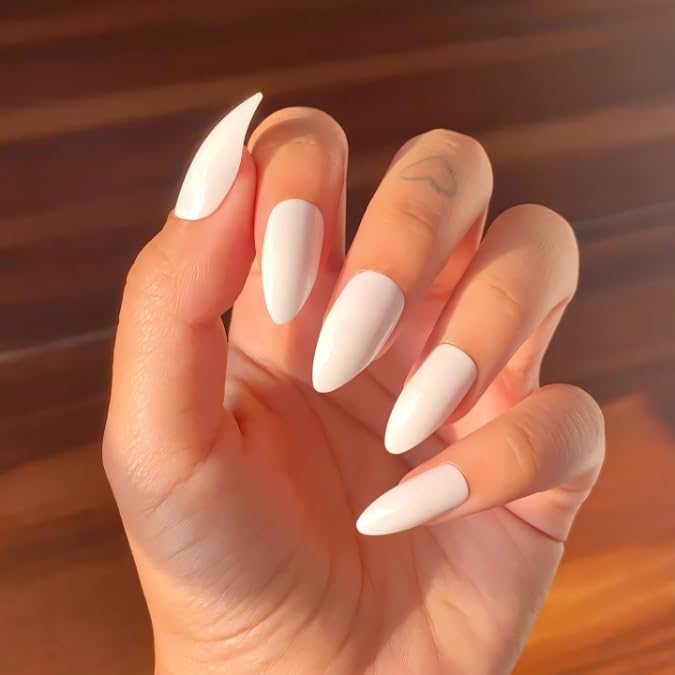 Pure White Press-On Nails Long Stiletto Glossy Solid Color Fake Nails Korean ABS Reusable Stick-on Kit for Dramatic Look