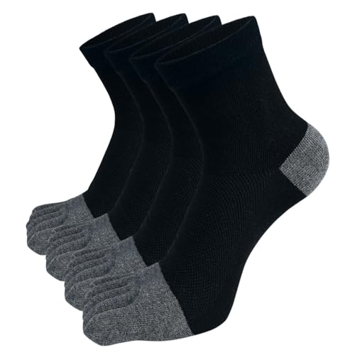 PUTUO Five Toe Socks for Men: 5 Finger Cotton Sports Running Socks Mens Athletics Crew Socks with Split Separate Toes Size 10-12 Black 4 Pairs