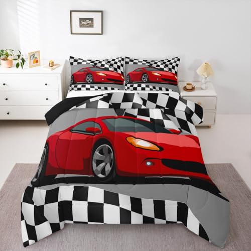 Image of Red Racing Car Comforter Set - Extreme Sports Theme Duvet Set - Black and White Grid Room Decor Quilt Set - Full Size