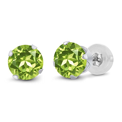 Gem Stone King 10K White Gold Peridot Stud Earrings For Women (2.00 Cttw, Gemstone Birthstone, Round 6MM)