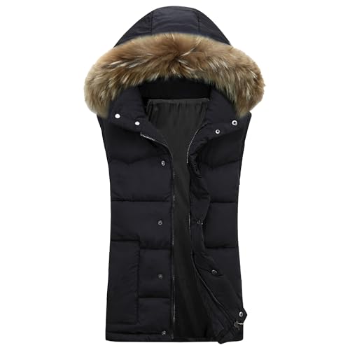Men's Casual Large Fur Collar Vest Winter Outdoor Waterproof Hooded Outerwear Warm Sleeveless Jacket