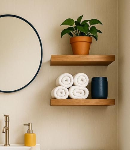 Image of Solid Wood Floating Wall Shelves Set of | Rustic Wooden Display Shelves for Living Room, Bedroom, Kitchen & Bathroom | Heavy Duty Wall Mounted Shelves (9 Inches, 2 Shelves)