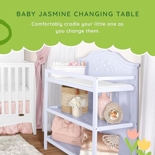 Image of Sweetpea Baby Jasmine Changing Table in Lavender, with Fixed Shelves, 1 inch Mattress Pad, Safety Strap, Safety Rails, New Zealand Pinewood Baby Changing Table