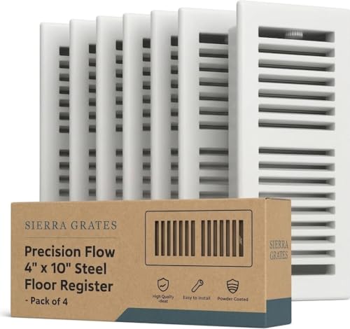 Image of 4 inch x 10 inch White Floor Register 2 Way - Stamped Face Steel Vent Cover, HVAC Floor Grille for AC Heat, Fits 4x10 Duct Opening, Heavy Duty Metal Register, 4 Pack