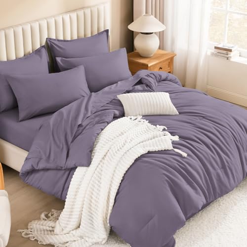 Image of Litanika Full Size Comforter Sets Grey Purple - 7 Pieces Bed in a Bag Full Bedding Comforter Sets, Solid Lightweight Bed Set with Comforter, Sheets, Pillowcases & Shams