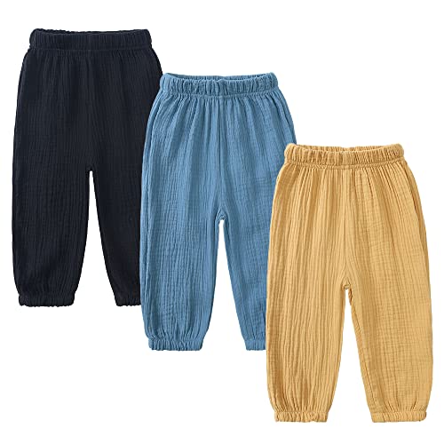 Image of Kids Tales 3 Pack Boys Girls Cotton Linen Pants Child Basic Plain Solid Trousers Big Kids Elastic Waist Long Pants Bloomers