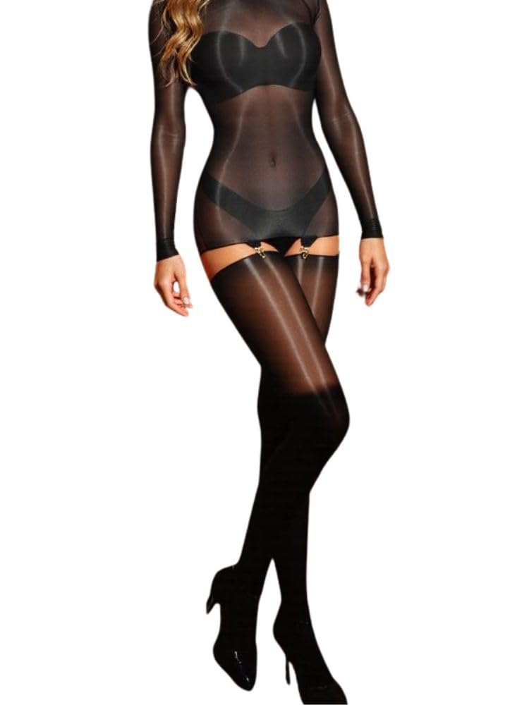 Miss Naughty Glow Up Dress and Suspender Stocking Set-One Size-Black