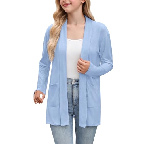 Girls' Solid Color Cardigan Casual Loose Open Front Long Sleeve Cocket Jacket Lightweight Comfy Soft Long Coat for Teens Kids