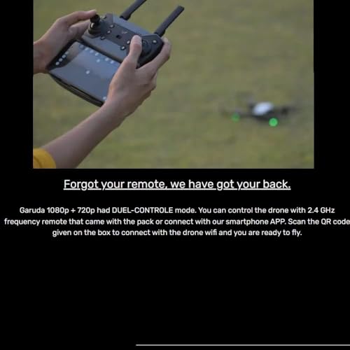 Image of Garuda Drone, HD 1080P+720P Dual Camera, Foldable, 30 Min Flight Time, Black, Wi-Fi, Remote & App Control, Auto Hover, 360 Flip, Headless Mode.