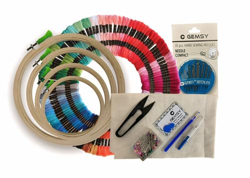 Image of Gemsy Ultimate Embroidery Kit for Beginners - 50 Colourful Threads, 4 Bamboo Hoops, 2 Aida Cloths & Essential Tools and Materials (Thread Cutter, Seam Ripper, Needle Threader, Needle Compact, Heat Erasable Pen, Sewing Pins) - Complete DIY Kit Craft Supplies for Adults & Kids
