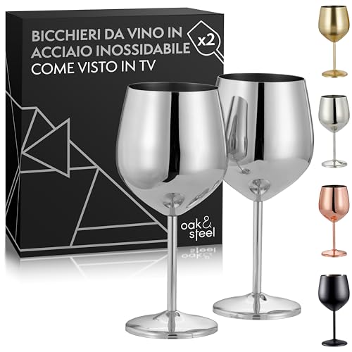 Oak & Steel - 2 Bicchieri da Vino d'argento (520 ml) - Bicchieri da vino in acciaio inox, bicchieri da bere in metallo infrangibili con confezione regalo