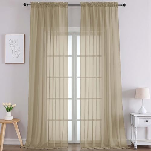 Image of Chyhomenyc Extra Long Taupe Sheer Curtains 108 Inches Long 2 Panels, Light Filtering Taupe Curtains for Living Room, Soft Gentle Voile Rod Pocket Bedroom Window Drapes, 59Wx108L Inch, 9FT, 2PCS