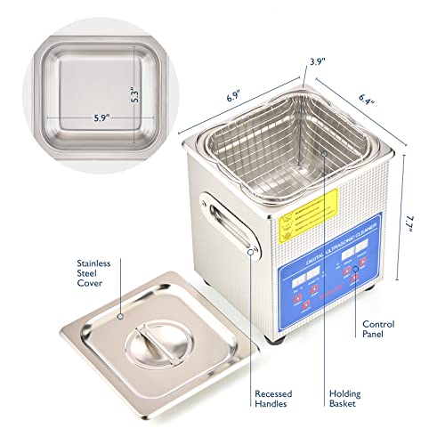 Creworks Ultrasonic Cleaner With Heater Timer, 60W 2L Stainless Steel Jewelry Cleaner For Professional Tool Watch Glasses Retainer Denture Parts Cleaning, 5.9"X5.5"X3.9" Tank Sonic Cavitation Machine #TOP5