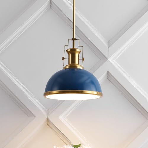 Image of JONATHAN Y Homer Industrial Dome Pendant 13 inch, Navy /Brass Gold | 1-Light, Farmhouse Style, Adjustable Hanging Height, Glass Diffuser, Sloped Ceiling Compatible, Metal, LED Bulb Included