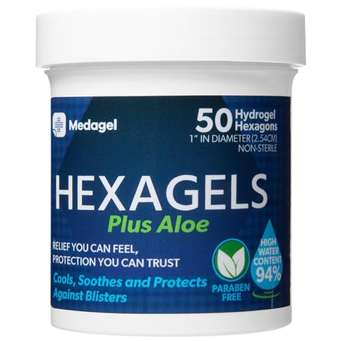 Hexagels Plus Aloe Vera - Advanced Healing Hydrogel Pads for Blister Prevention & Soothing Burn Care - Foot Heel Toe & Ankle Protection Pack of 50 1-Inch Patches by Medagel Paraben Free Formula