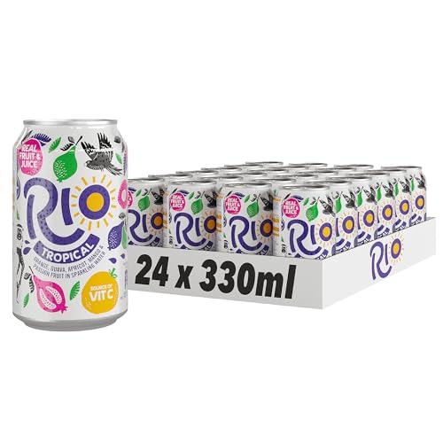 Rio Tropical Original Fizzy 24 Cans Soft Drink Pack with Real Orange Apricot Mango Passion Fruit and Guava Juice Flavours Lightly Sparkling Cans of Pop with Vitamin C 24x330ml