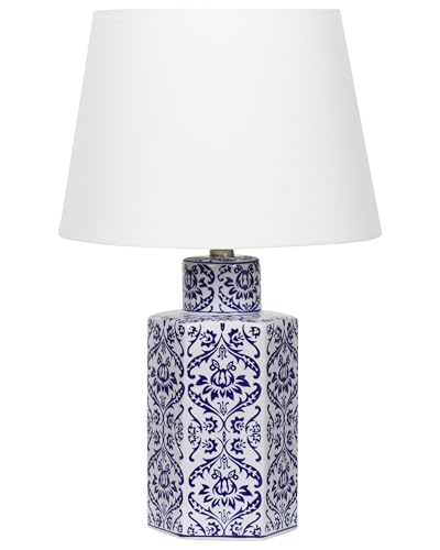 Beliani Tischlampe Porzellan blau/weiß Vasenform mit Stoffschirm...