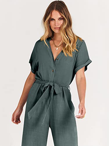 Anrabess Women's Summer Short Sleeve Button V Neck Waist Belt Straight Wide Leg Jumpsuits Hidden Pockets 544Shenhui-M #TOP6
