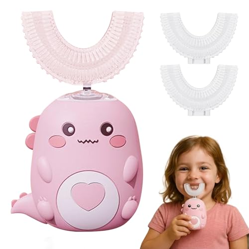 Spazzolino da denti elettrico a 360º per bambini, spazzolino da denti elettrico con 2 testine in silicone a forma di U, ricaricabile e impermeabile, per casa, viaggi, uso (rosa 2-6 anni)