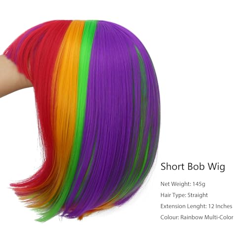 Image of Rose bud Rainbow Bob Wig with Fringe 12 Inch Short Straight Colorful Costume Wigs for Women Cosplay Party Halloween