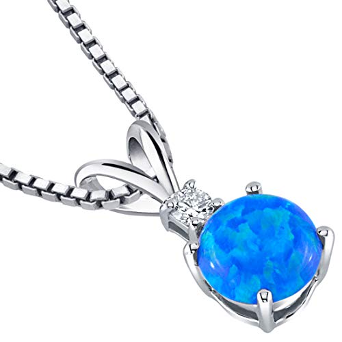PEORA 14K White Gold Created Blue Opal with Genuine Diamond Pendant for Women, Elegant Solitaire, AAA Grade Round Shape 6.50mm - Image 4