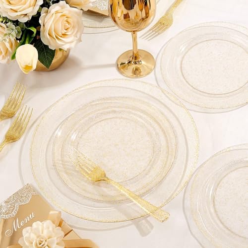 Image of WDF 200PCS Gold Plastic Plates - Gold Glitter Plastic Plates - Heavy Duty Gold Glitter Disposable Plates - Include 100 Dinner Plates 10 inch and 100 Dessert Plate 7 inch for Wedding /Birthday