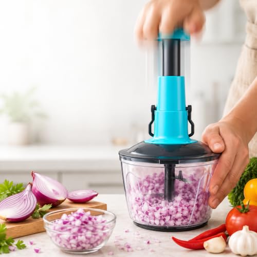 Image of Manual Push Food Chopper 600ml Vegetable Cutter with Stainless Steel Blades, BPA-Free Bowl, Hand Press Onion Chopper, Garlic Mincer, Fruit & Vegetable Dicer, Kitchen Food Processor