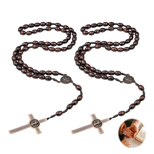 2 collares de rosario, cadena de madera natural, cadena de oración católica, cadena de madera con colgante de cruz, hecha a mano, cadena de oración religiosa para comunión, bautismo, feria de Biblia