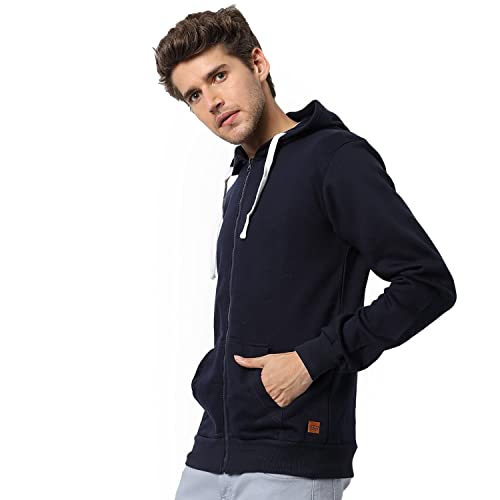 Image of CAHOOT Men's Dark Blue Zip-Front Hoodie with Contrast Drawstring for Casual Wear | Long Sleeve | Hooded Neck | Zipper Closure | Cotton Sweatshirt Crafted with Comfort Fit for Everyday Wear
