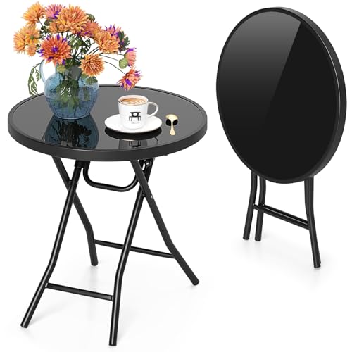 GIANTEX Mesa de Jardín Redonda Plegable, Mesa Bistró con Tapa de Vidrio Templado y Marco de Metal, Diámetro 46 cm, Mesita Auxiliar para Balcón, Terraza (Negro)