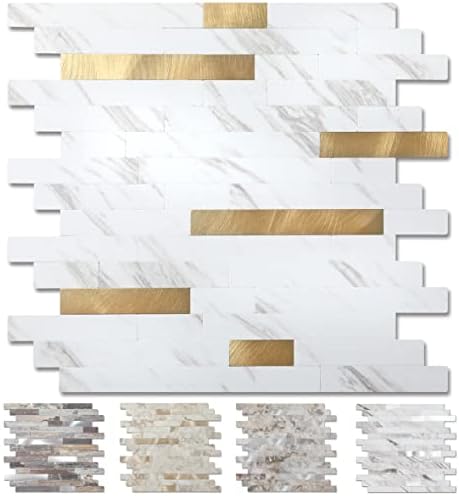 1 - Sheet Peel and Stick Stone Metal Tile Backsplash, Stick on Tiles for Backsplash Kitchen, Bathroom, Laundry Room, Camper, Fireplace (12''x12'',Sample in Carla with Gold)