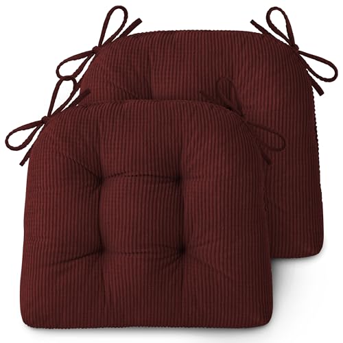Image of AddGrace Dining Chair Cushions Set of 2 Non-Slip 18 inchx16 inchx3 inch Burgundy | with Ties, Textured Fabric, for Kithchen, Dining Room, Restaurant, Indoor Furniture, Wood Chairs, Long Meals, Soft, Comfy