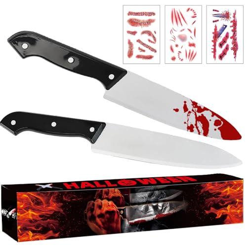 GTHBA Halloween Blutiges Messer, 2 Stück Fake Messer mit 3 Tattoo Narben Aufkleber, 12 Zoll/31cm Plastikmesser mit Blut, Gruselige Requisite für...