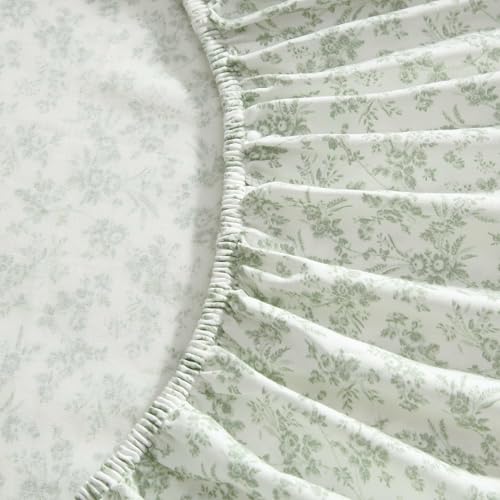 Image of Laura Ashley - King Sheet Set, Ultra-Soft Bed Sheets with a Naturally Silky Smooth Cotton Sateen, Deep Pockets, Floral Bedding with Matching Fitted Sheet & Pillowcases (Floral Toile Green)