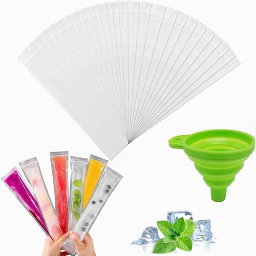 Pochettes Popsicle Moule Sacs,Sacs Popsicle,Sachet Glace à l'eau,Ice Pop Pouch,pour Yaourt,Bonbons Glacés,Glaces Party Favors,avec Entonnoir Vert,100 Pièces (28 x 5.5 cm)