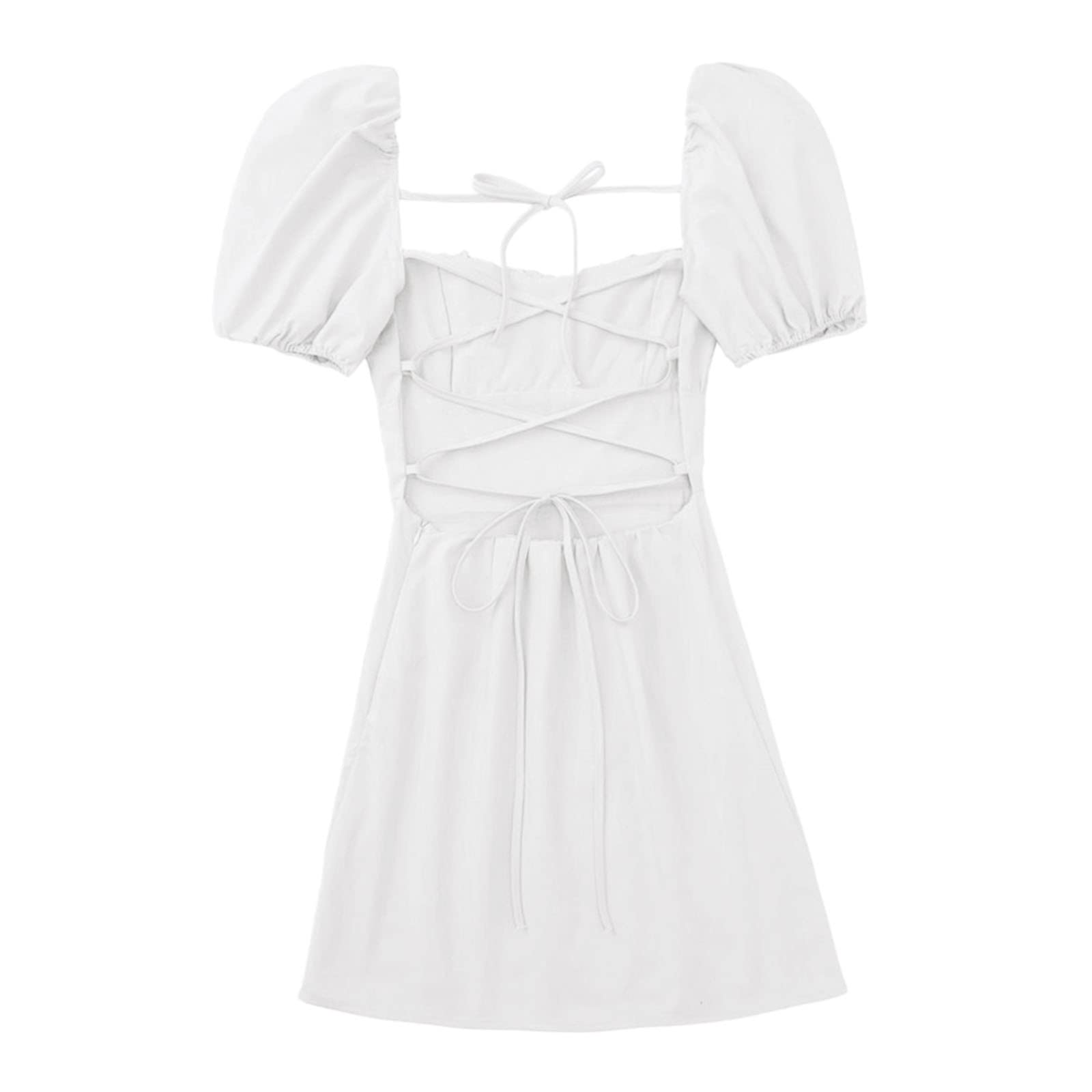 Womens Puff Sleeve Mini Dresses Sexy Ruched Scoop Neck Tie Back Club Party Dresses 2023 Summer Casual Bodydoll Dress(White,X-Large)