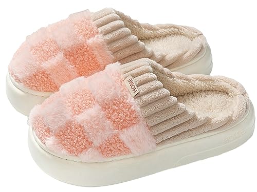 Plush Slippers for Women Men Plaid Cuff Warm Fuzzy Fleece Slipper Cozy Memory Foam Checkered Home Shoes Non-Slip