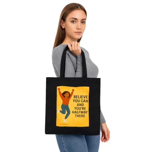 Image of Black Tote Bag With Pocket Printed Designed Canvas Tote Bags For Women large capacity,Tote bag For Shopping, College, Travel, More Canvas Handbag For Unisex Bag