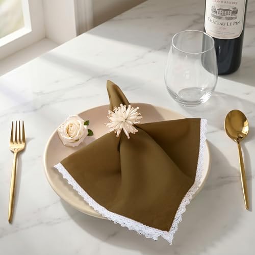 Image of FINGERCRAFT Lace Trim Cloth Napkins Set of 6, 20x20 Inch Cotton Linen Blend Dinner Napkins, Reusable Washable Table Napkins for Wedding, Farmhouse Dining, Parties & Home Decor (Brown)