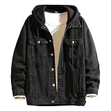 Men's Hooded Denim Jackets Casual Loose Color Block Hoodies Cowboys Outwear Cotton Single Breasted Hoodie Coat (Black,5X-Large)