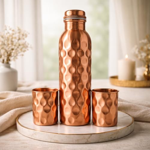 Image of JAIPUR ACE Hammered Pure Copper Water Bottle with Glass Set | 100% Copper Bottle Set | Leak Proof, Ayurvedic Health Benefits, Premium Design Gift Set for Home, Office, Gifting (Hammered Print)