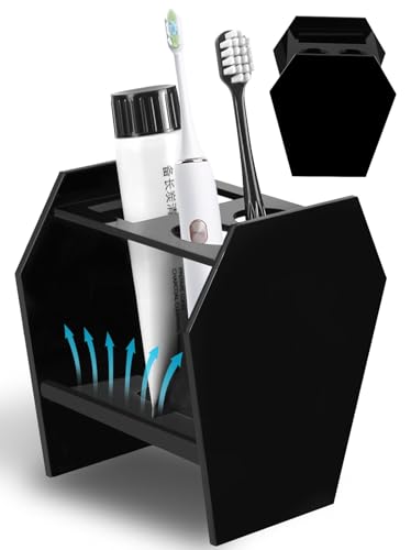 Gothic Decor Coffin Toothbrush Holders for Bathrooms - Black Acrylic Halloween Goth Bathroom Decor, Spooky Halloween 3 Slots Toothbrush and Toothpaste Holder, Halloween Decor Oddities and Curiosities