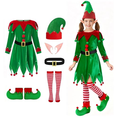 AOLIUP Christmas Elf Costume Kids - Girls Elf Dress Santa Helper Costume Xmas Holiday Outfit (5-7 Years)