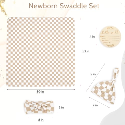 Image of TANOFAR 4-Pack Newborn Swaddle Blanket for Baby Girls & Boys, Ultra Soft Receiving Blankets with Matching Headband and Beanie Set Baby Nursery Swaddle Wrap, Light Brown Checkerboard