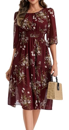 Image of Kormei Women Casual Boho Floral Round Neck 3 /4 Sleeve Smocked Waist Tiered A Line Flowy Swing Midi Dress Long Dresses