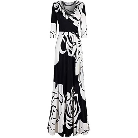 Bon Rosy Women's 3/4 Sleeve V-Neck Printed Maxi Faux Wrap Dress Black L Cover